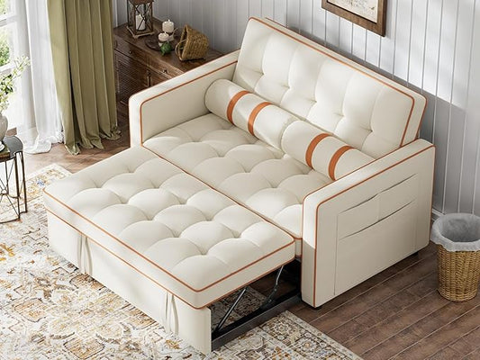 Marsail 3-in-1 Convertible Futon Sleeper Sofa Bed, Pull Out Couch with Adjustable Backrest, USB Charging & Side Pockets, Velvet Fabric Sofa Loveseat for Living Room, Apartment, Ivory White