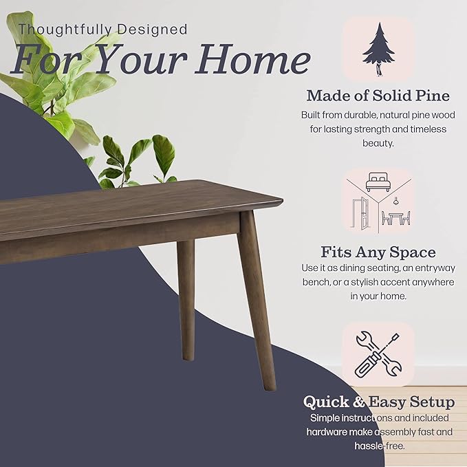 Alaterre Furniture Calais Dining – Mid Century Modern 46-Inch Solid Wood Dining Bench – Entryway Bench with Minimalist Design for Entryway, Dining Room, Kitchen, or Bedroom (Walnut Finish)