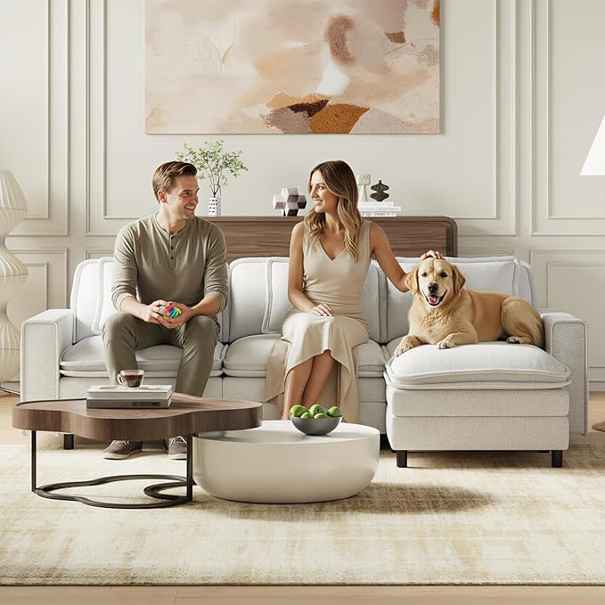 MALOL Modular Sectional Sofa 107", Comfy Cloud Couch with Ottoman, Deep 4-Seat L Shaped Modular Sofa, Couches with Throw Pillows for Living Room, Beige
