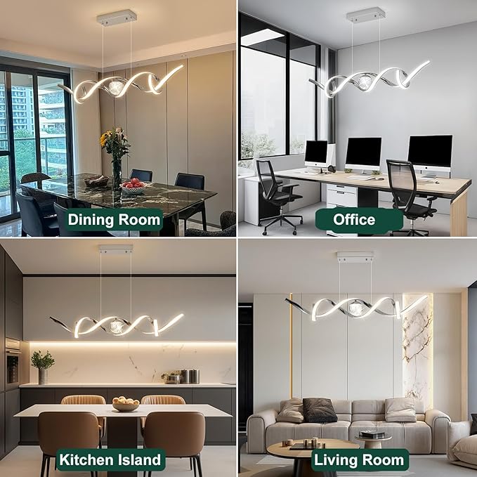 LED Modern Chandeliers for Dining Room, 39in Dimmable Chrome Chandelier Kitchen Pendant Lighting Over Island, Linear Wave Spiral Pendant Light Fixtures Dining Room Lights Ceiling Hanging, 36W