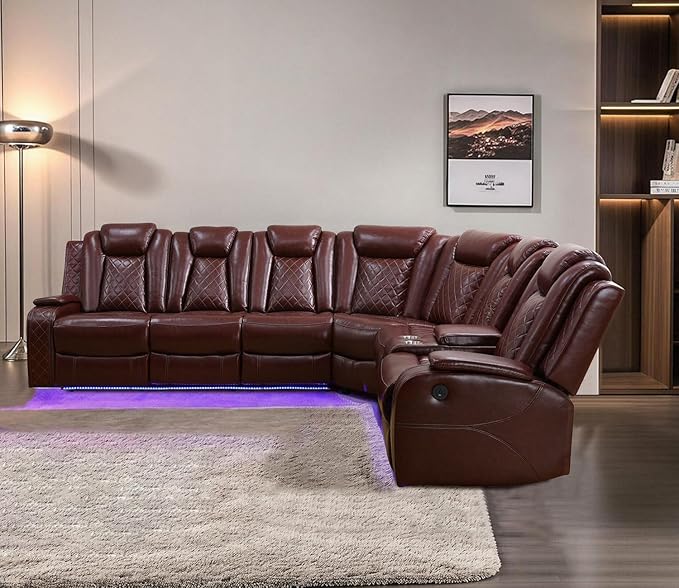 Power Recliner Sofa Sectional Couches with LED Light,Leather Reclining Corner Sectional Sofa with 2 Recliner Seats,Cup Holder,Storage Console for Living Room，Wine