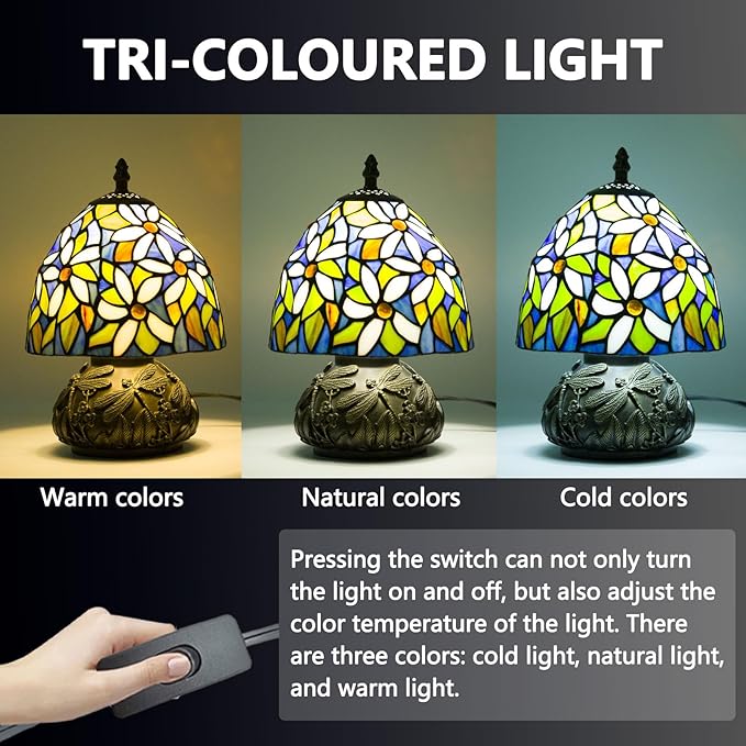 Small Tiffany Table Lamp,Stained Glass Lamp,8 Inch Mushroom Style Mini Vintage Desk Lights for Bedside, Bedroom,Nightstand,Living Room,3 Color Temperature (White Flower)