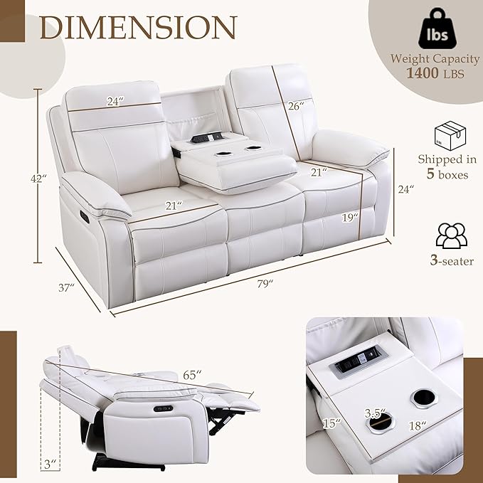 Power Reclining Loveseat with LED Reading Light/Storage Drawer, Power Loveseat Recliner Sofa, Reclining Loveseat with Bluetooth Speakers/Outlets/Breathing Leather (White, 3 Seat)