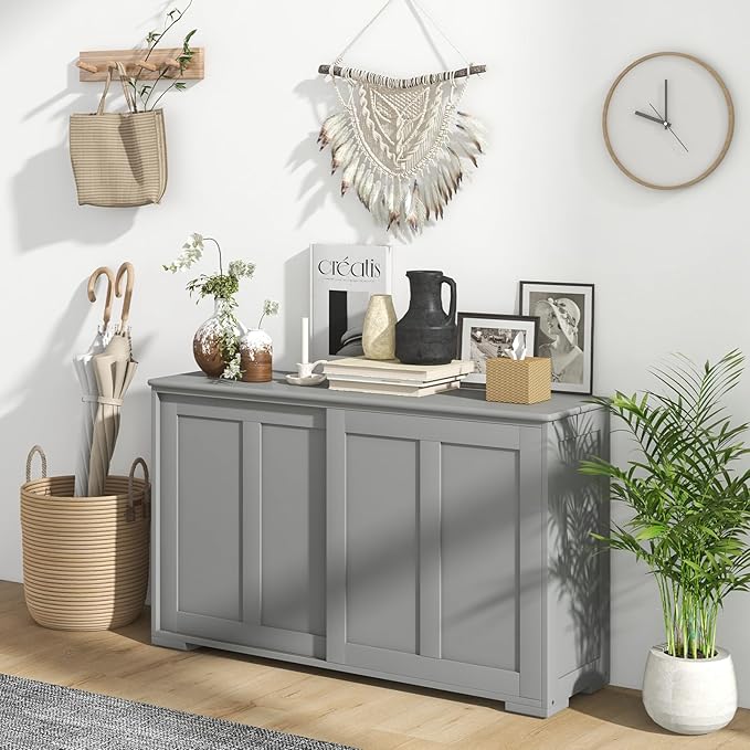 Giantex Buffet Cabinet with Storage, Coffee Bar Wine Cabinet, Farmhouse Sideboard w/Sliding Door, Adjustable Shelves, Cupboard, Kitchen Storage Cabinet, Buffet Table for Living Room Entryway, Grey