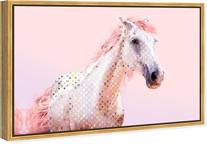 Country Farmhouse Canvas Print Painting Animal Wall Art 'Pink Glam Horse' Gold Framed Canvas Rustic Home Décor 36x24 in Pink, White by Oliver Gal