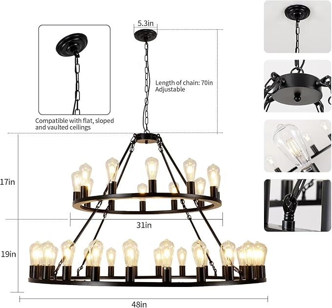 Wagon Wheel Chandelier 2 Tier 48-Inch 36-Light, Farmhouse Industrial Chandelier Black Rustic Pendant Light Fixture Extra Large for High Ceilings, Living Room Foyer