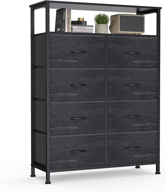 DUMOS Fabric Dresser for Bedroom with 8 Drawers, Tall 8-Drawer Chest of Drawers with Raised Shelf, Storage Tower with Fabric Bins for Closet Organization, Hallway Storage, Black Wood Grain Print