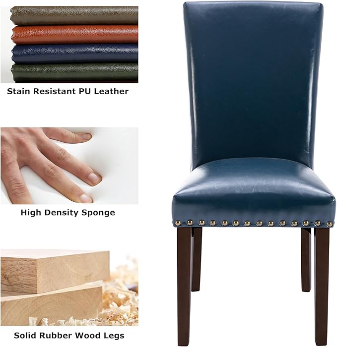 COLAMY Upholstered Parsons Dining Chairs Set of 6, PU Leather Dining Room Kitchen Side Chair with Nailhead Trim and Wood Legs - Blue