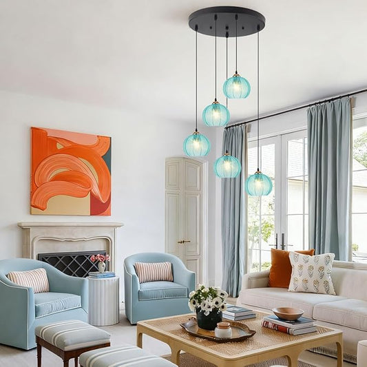 Globe Chandelier for High Ceilings 5 Light Blue Glass Cluster Pendant Light Vintage Stairwell Chandelier Lighting Adjustable Long Pendant Light for Foyer Entryway Spiral Stairwell