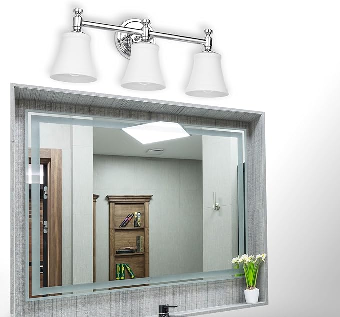 Bathroom Vanity Light Fixtures, Traditional Chrome 3 Lights Wall Sconce Lighting with Opal Glass Shade, Porch Wall Mount Light Fixture for Bathroom, Mirror Cabinets Hallway Stairs
