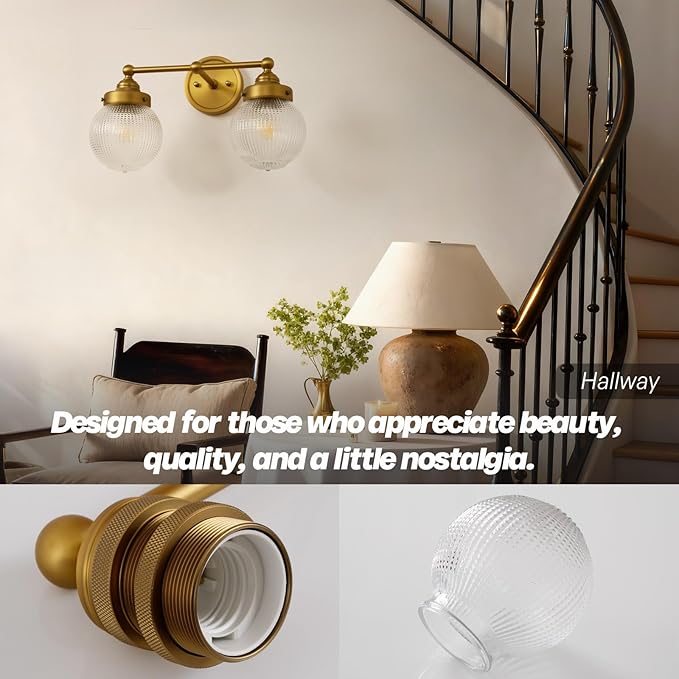 Vintage Double Arm Brass Wall Sconce Lighting, Clear Ribbed Glass 2-Lights Bathroom Vanity Light Fixture for Dining Room Bedroom Living Room Corridor