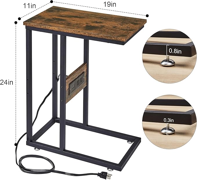 VECELO C-Shaped End Side Table Set of 2 with Charging Station & Two USB Ports and Outlets for Living Room, Bedroom, with Adjustable Feet for Couch/Sofa, Bedside, Small Spaces， Brown, 2