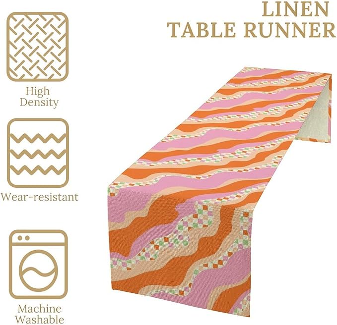 Groovy Rainbow Table Runner Hippie Abstract Rainbow 70s Colorful Geometry Retro Printed Dinner Runner for Living Room Kitchen Decoration 13x60in