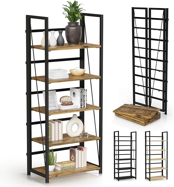 5 Tier Wood Book Shelf Organizer, No Assembly Bookshelf for Bedroom Living Room Office, Rustic Foldable Book Case, Tall Bookshelves, Open Book Shelves, Decorative Folding Shelf Display, Tall Bookcase