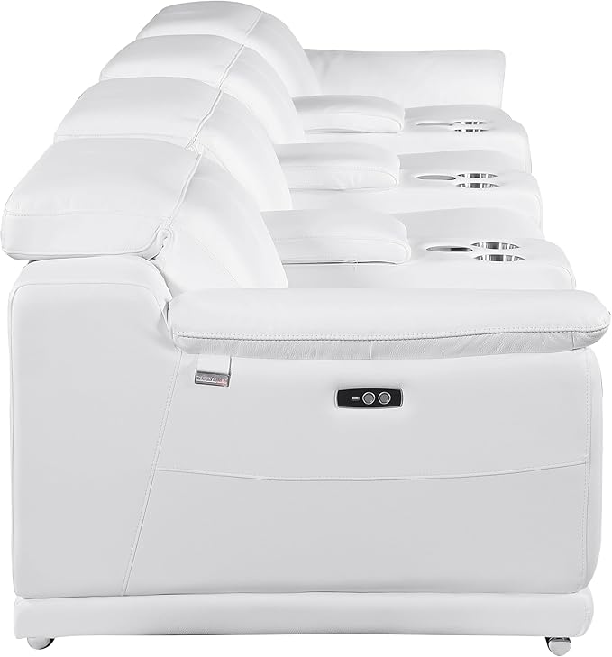 BlackJack Furniture Venice Top Grain Italian Leather Power Recline 7 Piece 4 Seater Sofa - 175" Theater Seating Modern Couch for Living Room Apartment with Adjustable Headrests & USB Port, White