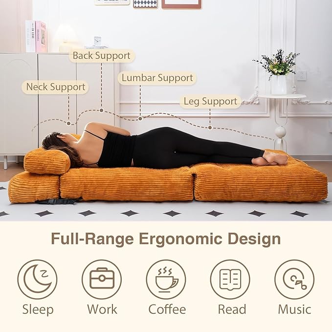 Folding Sofa Bed, Folding Chair Bed with Pillow, Convertible Lazy Sofa Bed with High-Density Support Foam, Fold Out Chair for Small Spaces Living Room Bedroom, Orange