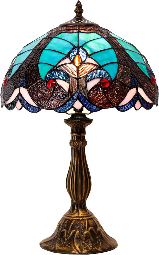 WERFACTORY Tiffany Style Lamp Green Liaison Stained Glass Bedside Table Lamp Reading Desk Light 12X12X18 Inches Decor Nightstand Bedroom Living Room Home Office S160G Series
