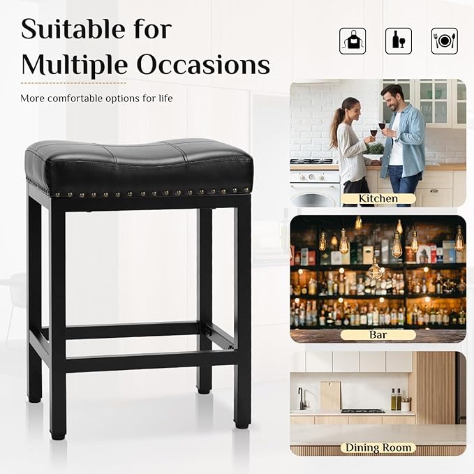 Counter Stools Set of 2 Upholstered Counter Height Bar Stools with Padded Seats and Metal Base, Leather Saddle Stool for Modern Kitchen Island, 22.4-Inch, Black