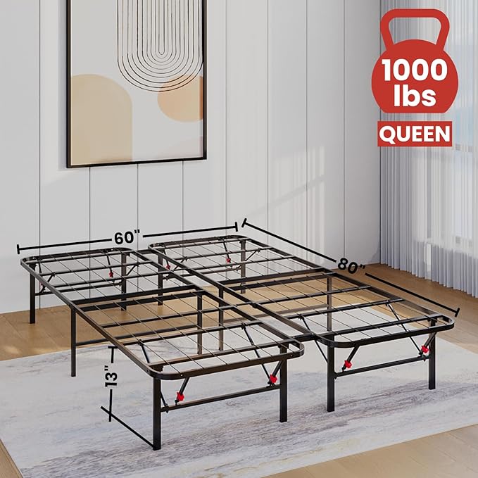 Golden Gate Beds Foldable Metal Bed Frame – Sturdy Metal Platform, No Box Spring Needed, Portable & Collapsible, Heavy Duty, Tool-Free Setup, Noise-Free, Under Bed Storage – Queen Size (Black)
