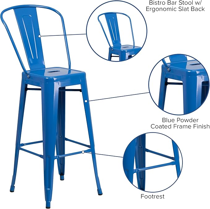 Flash Furniture Lily Commercial Grade 4 Pack 30" High Blue Metal Indoor-Outdoor Barstool with Removable Back