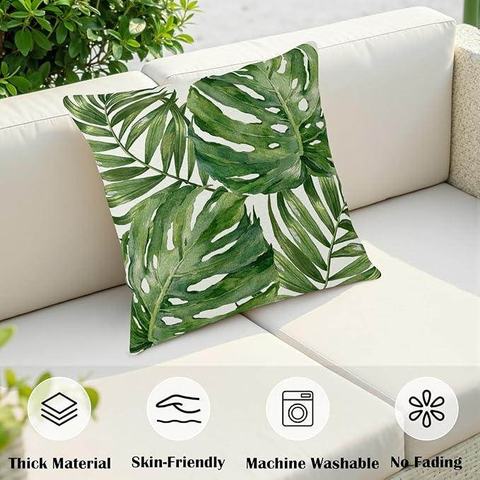 Summer Tropical Pillow Covers 16x16 Set of 2 Green Palm Leaf Decorative Throw Pillows Case Monstera Botanical Leaves Tropical Outdoor Cushion Cover for Sofa Couch Garden Home Decor