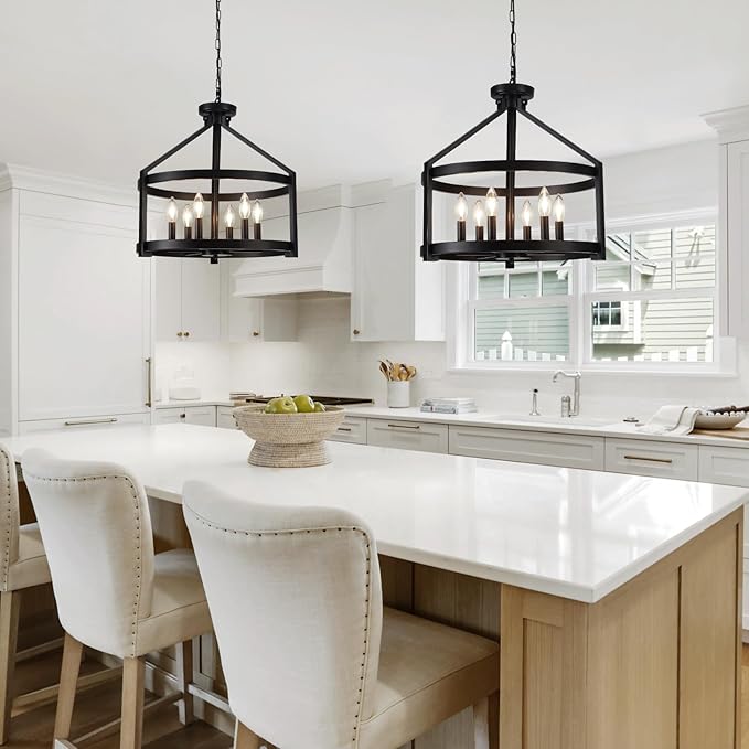 Black Farmhouse Chandelier for Dining Room,6-Light Modern Hanging Drum Chandeliers,20" Rustic Convertible Semi Flush Mount Ceiling Pendant Light Fixture for Kitchen Island Foyer Entryway Bedroom