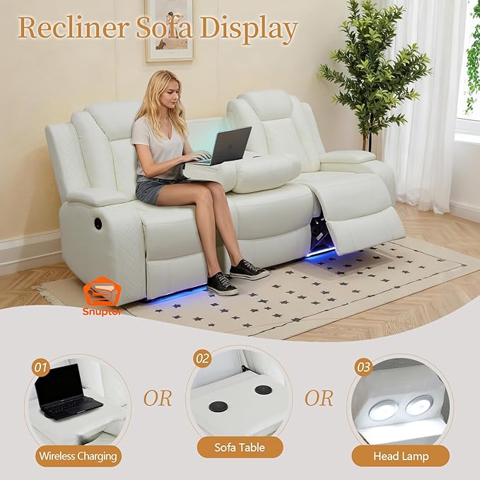 Power Leather Recliner Sofa Set with LED Light,Reclining Sofa and Chair Set with Coffee Table/USB Charger/Storage,Leather Couch for Living Room Furniture Sets(3+1 Seats,Creamy)