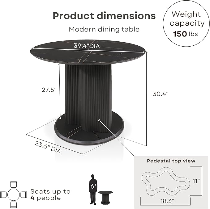 Homes: Inside + Out Elara Modern 39-inch Round Dining Table with Fluted Pedestal Base, Seats up to 4, for Home Kitchen, Living Room, Black