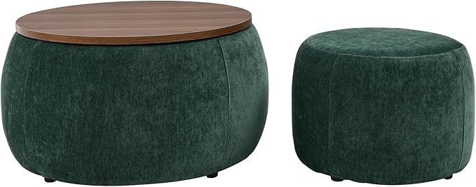 Ball & Cast Round Upholstered Storage-Ottoman Set with Wood Tray, Large Storage Coffee Table w/Footstool & Removable Lid, Dia 25" Padded Bench & End Side-Table for Living Bedroom, Green