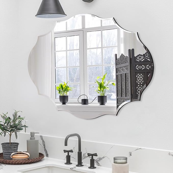 Muzilife 24x31 Frameless Oval Wall Mirror Beveled Scalloped Mirror Silver Wall Mirror with MDF Backplane Over Bathroom Sink for Vanity, Bedroom or Any Other Room in Your Home