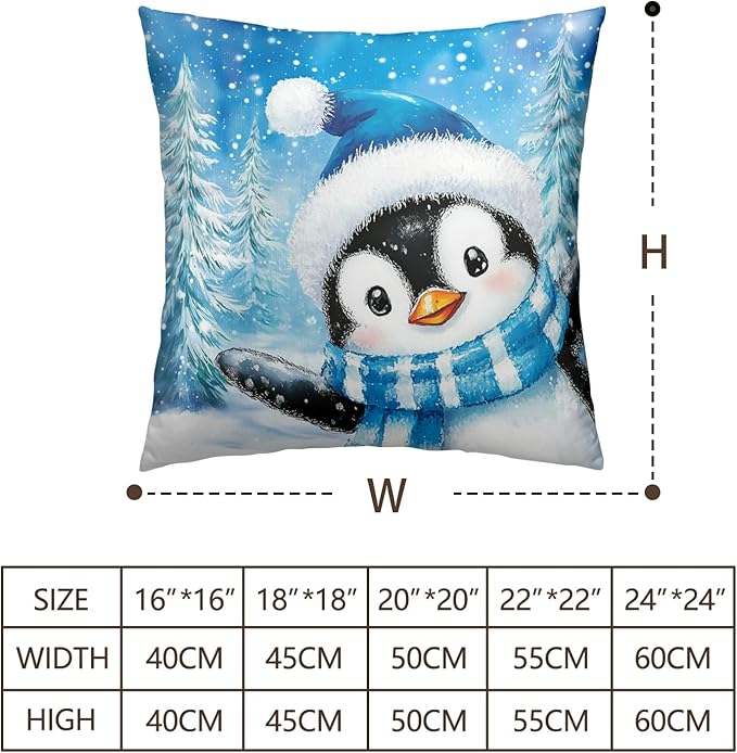 Winter Penguin Pillow Cover 24x24 Set of 2 Blue Christmas Throw Pillow Covers Lovely Penguins Snowman Pine Tree Pillow Case Winter Cotton Cushion Cases for Sofa Chair Patio Bed Couch