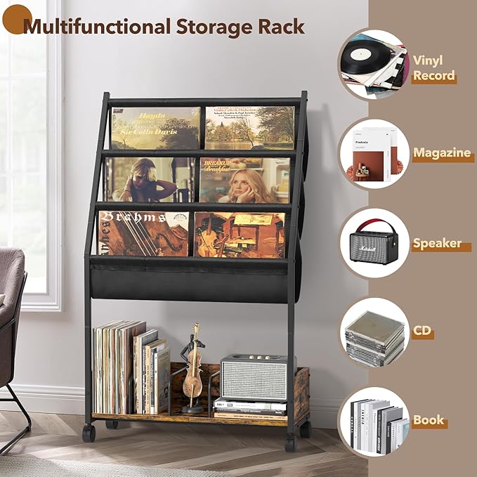 Keebofly Vinyl Record Storage, Record Holder Up to 200 Albums, Record Stand with 3 Tier Holder Display Shelf, Movable Vinyl Storage Organizer Rack, Record Cabinet for Book Magazine Turntable