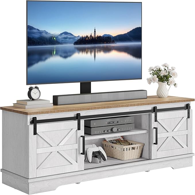 YITAHOME Farmhouse TV Stand with Mount, Television Stand Mount with 3 Height Adjustment for 32-70 inch TVs, Entertainment Center Media Console w/Sliding Barn Door for Living Room, Grey White/Grey Wash