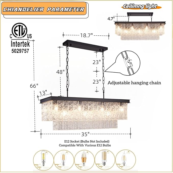 Kitchen Island Chandelier Black Rectangular, 35.4 Inch 11-Light E12 Modern Dining Room Chandelier, Water Ripple Glass Adjustable Height Hanging Ceiling Light Fixture