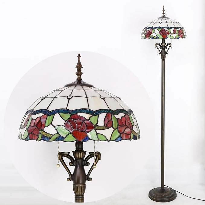 Tiffany Floor Lamp Rose Flower Style Stained Glass Standing Reading Light 16X16X66 Inches Antique Pole Corner Lamp Decor Bedroom Living Room