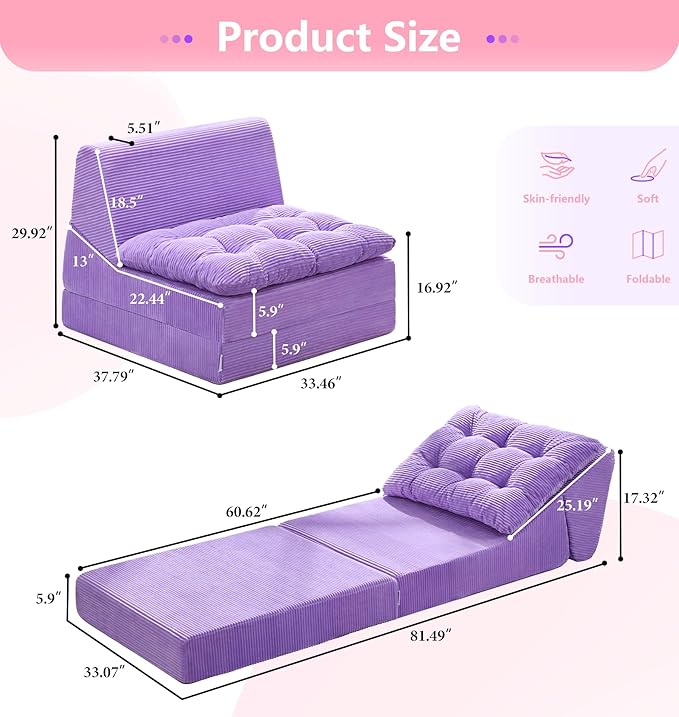 Hobestluk Sofa Couch Folding Sofa Bed Comfy Floor Lounger Convertible Sofa with Removable Cushion Couches for Small Spaces Foldable Mattress for Living Room Bedroom or Office (Cordury Purple, Large)