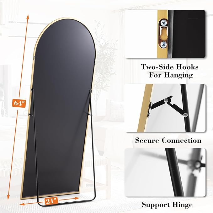 DUMOS Arched Full Length Mirror with Stand Floor Standing Aluminum Frame for Bedroom Body Hanging Leaning Modern Simple Home Decor Shatter-Proorf Nano Glass Wall Living Room Cloakroom Gold 59"x16"