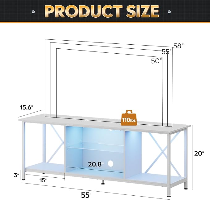 WLIVE Industrial TV Stand with LED Lights for Up to 65" TVs, Waterproof & Scratch-Resistant, Adjustable Shelves, Modern Entertainment Center for Living Room, White