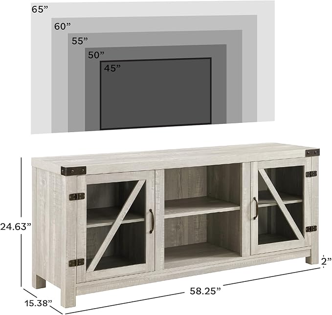 Walker Edison Wesley Modern Farmhouse Glass Door TV Stand for TVs up to 65 Inches, 58 Inch, Stone Grey, Without Fireplace