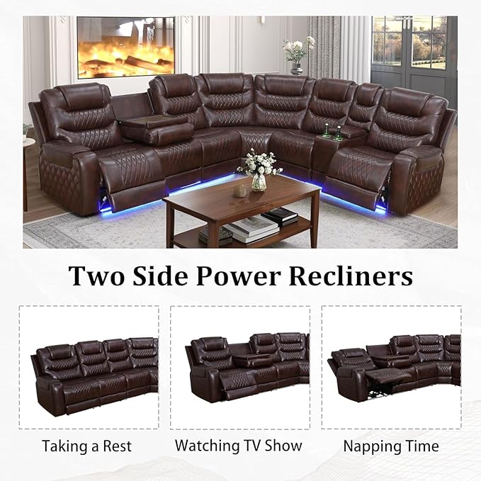 Breathing Leather Reclining Sectional Couch, 6 Seat L Shaped Sofa with 2 Power Recliner Seats, Reclining Sectional Sofa with LED Lighting/USB Port/Cup Holder/Storage (Dark Red)
