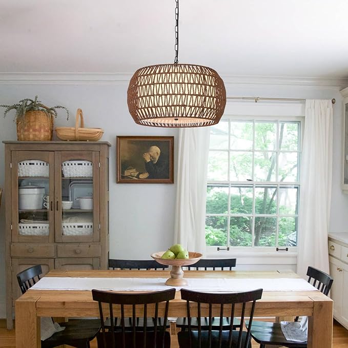 Rattan Farmhouse Chandelier Light Fixtures,5-Lights Boho Large Pendant Light,Woven Chandeliers for Dining Room with Fabric Shade,Rustic Hanging Light Fixtures for Kitchen Island-Dark Brown
