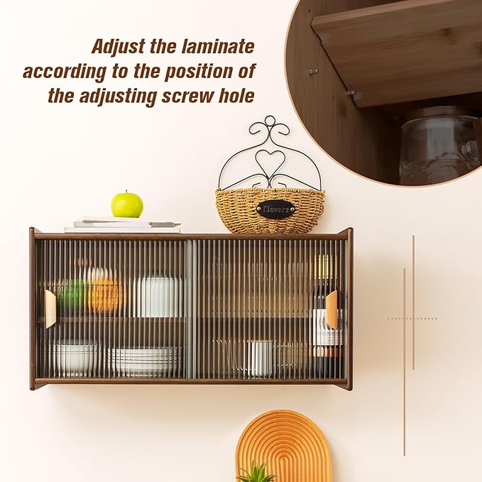 HollyHOME Small Bamboo Wall Mounted Kitchen Pantry Sideboard with 2 Doors and Adjustable Shelves, Coffee Wine Bar Storage Cabinet for Liquor and Glasses, Dining Cupboard for Bottle, Dish, Walnut