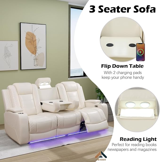 Power Reclining Sofa Set for Living Room, Leather Recliner Couch Set with Drop-Down Table, Power Pads, Cup Holders, Storage Console for House/Home Teather(Sofa, Loveseat and Chiar, Cream)
