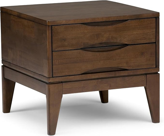 SIMPLIHOME Harper End Table - 22 inch Wide Solid Wood 2 Drawer Side Table in Walnut Brown, Mid Century Modern Accent Table for Living Room with Tapered Legs and Notched Handles