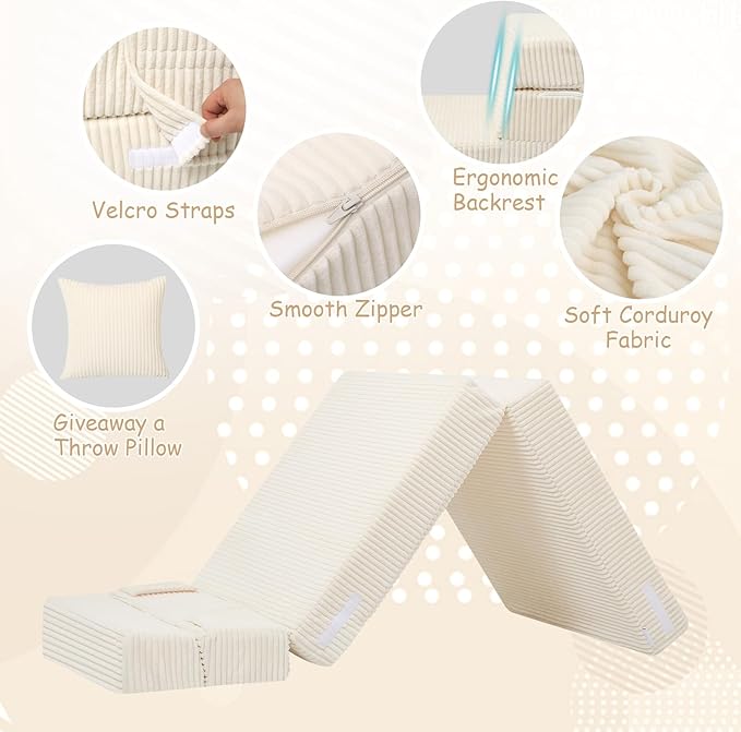MeMoreCool Folding Sofa for Kids, Corduroy Fold Out Futon Chair, Small Foldable Floor Mattress, Portable Children Couch Sofa, Beige