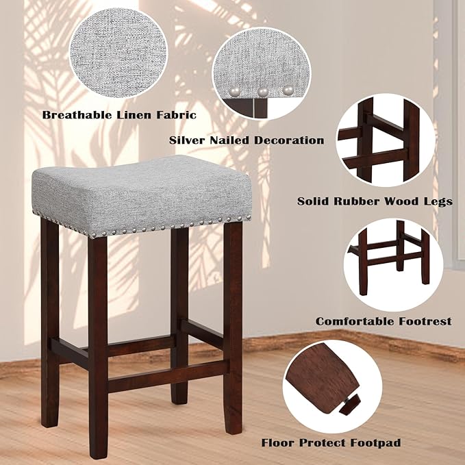 ERGOMASTER Bar Stools, 24 Inch Modern Saddle Stools, Rubber Wood, Light Grey/Brown, Set of 4
