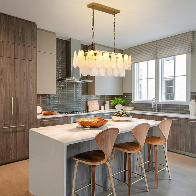 Gold Rectangle Chandeliers for Dining Room Modern Island Light Crystal Cloud Glass 8-Light Chandelier 2 Tier Rectangular Linear Pendant Hanging Ceiling Light Fixture for Kitchen L31.5” (E12)