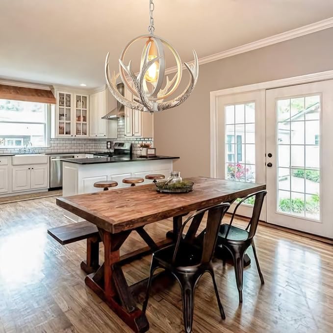 Rustic Antler Chandelier Dining for Dining Room, Unique Design Farmhosue 4 Antlers Chandeliers with Retro Globe Frame Antler Light Fixtures for Living Room Kitchen Foyer(Antique White)