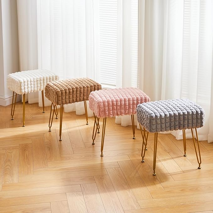 IBUYKE Rectangular Footrest Stool Ottoman, Makeup Vanity Stool Side Table, Velvet Dressing Table Seat, Footstool Chair, Golden Steel Legs, for Makeup Room, Bedroom, Square Grid Pattern, Khaki WBD003K