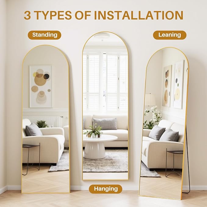 Mirror Full Length 59"x16" Arched Floor Mirror with Stand, Aluminum Alloy Frame & Shatterproof Glass Full Body Mirror, Freestanding Hanging or Leaning Wall Mirrors for Bedroom Closet Living Room